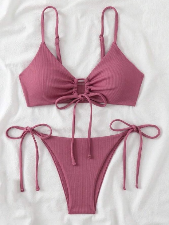 Swim Basics Other - Tie-Front Ribbed Bikini Set in Mauve Pink